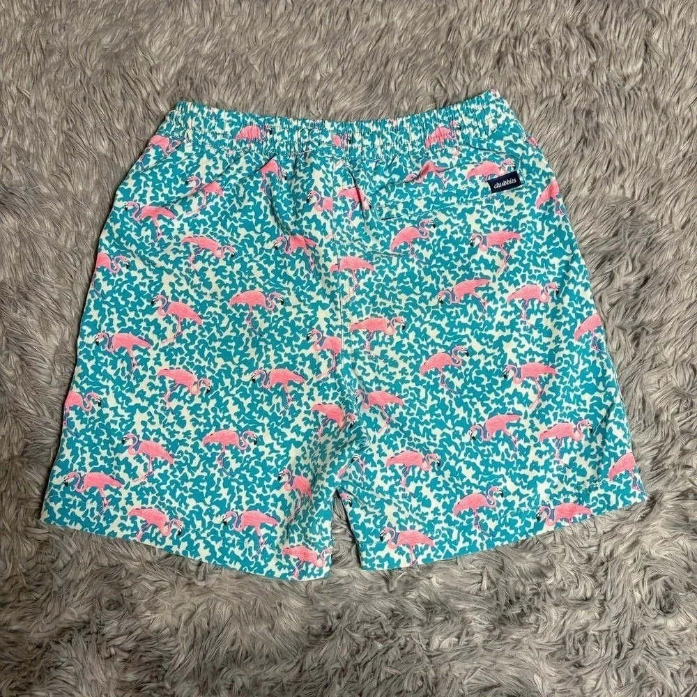 Chubbies Swim Trunks Teal Pink Flamingos Boys Youth Small 8/9 Summer Bright